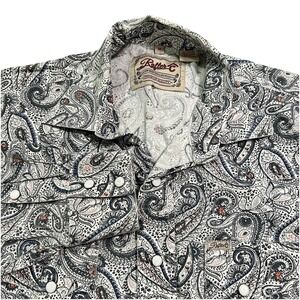 Rafter C Shirt Mens M Blue Multi Paisley Western Pearl Snap Stretch Long Sleeve